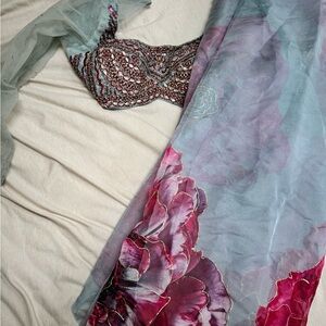 Elegant Floral Blue Saree Pre Pleated Ready to Wear